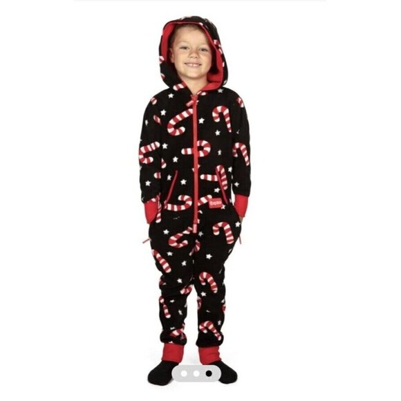 TIpsy Elves Candy Cane Lane Jumpsuit Boys or Girls Sz XS Black Red Full Zip - Picture 1 of 10